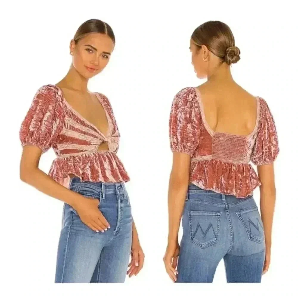 Free People Yours Truly Velvet Crop Top Mauve Crushed Velvet XS